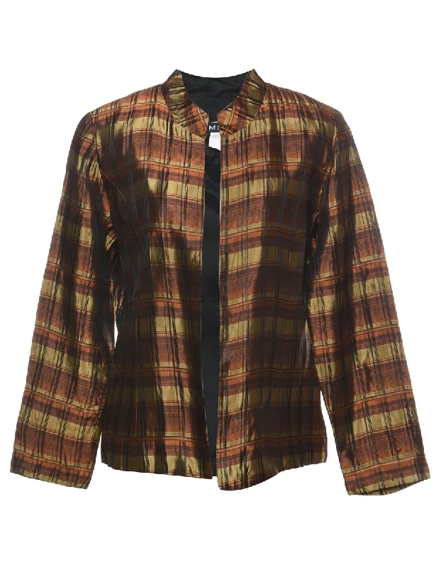 MSK Checked Brown & Green Metallic Evening Jacket - L Striped Jacket Polka Dot Jacket Floral Jacket