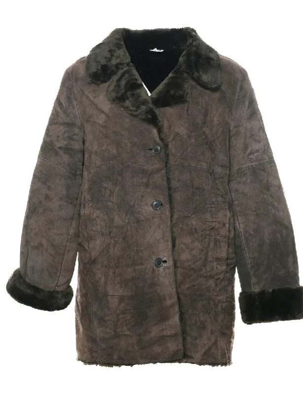 Dark Brown Faux Shearling Suede Jacket - L Rayon Fabric Velvet Fabric Corduroy Fabric
