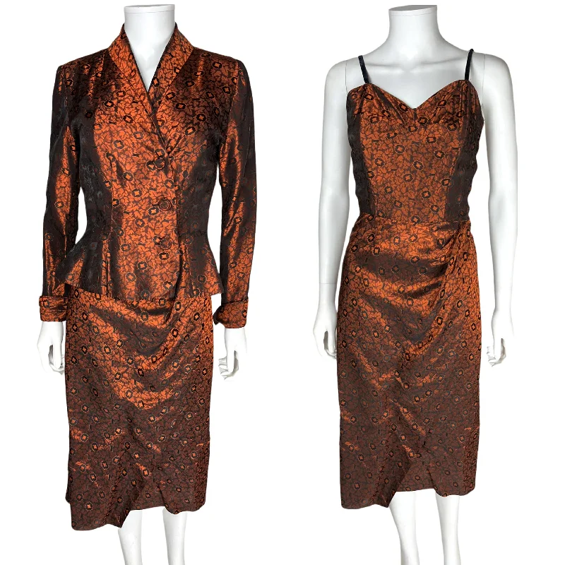 Vintage 1950s Cocktail Dress w Jacket Rust Orange Taffeta Size S A-Line Jacket Boat Neck Shawl Collar Vintage 1950s Cocktail Dress w Jacket Rust Orange Taffeta Size S A-Line Jacket Boat Neck Shawl Collar