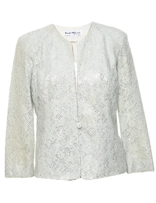 Lurex Thread Pattern White Lace Evening Jacket - M A-Line Jacket Boat Neck Shawl Collar