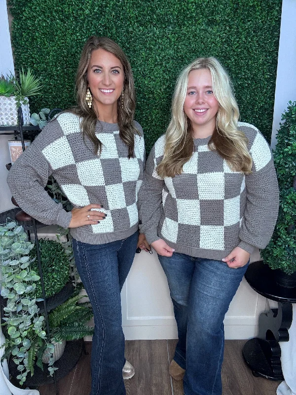 CHECKERED CROCHET KNIT LS SWEATER - GREY MULTI Chenille Brocade Lace