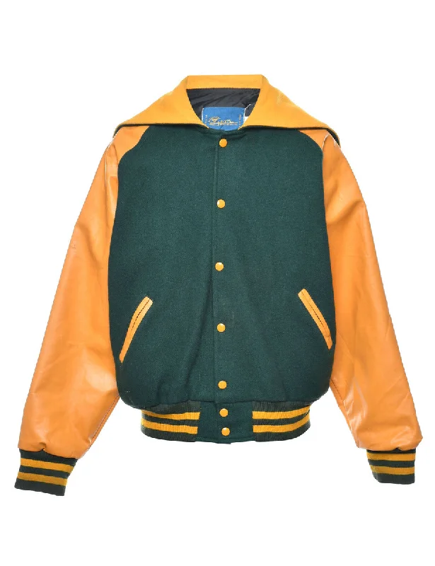 Dark Green & Yellow Sailor Collar Varsity Jacket - L Oversized Jacket Tailored Jacket Straight Jacket