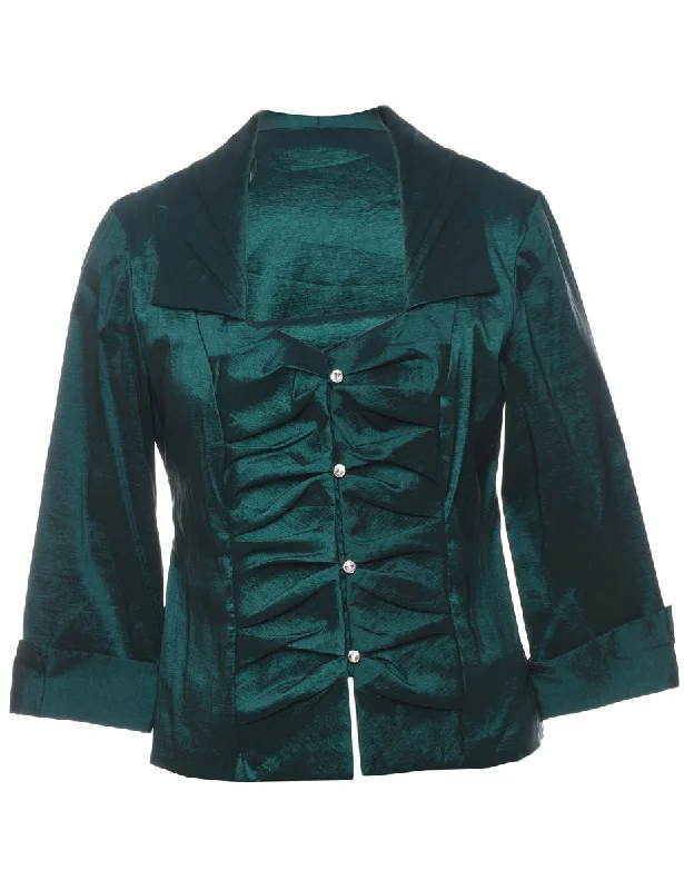 Dark Green Metallic Button-Front Evening Jacket - M Jacket Blazer Coat