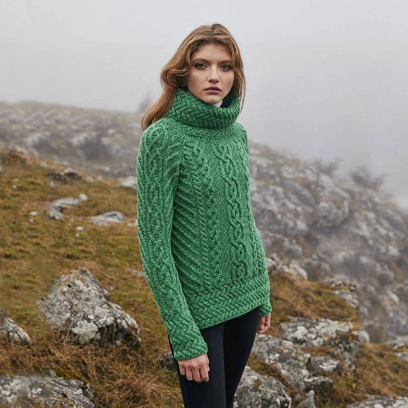 Traditional Ladies Funnel Neck Aran Sweater Lightweight Heavyweight Midweight