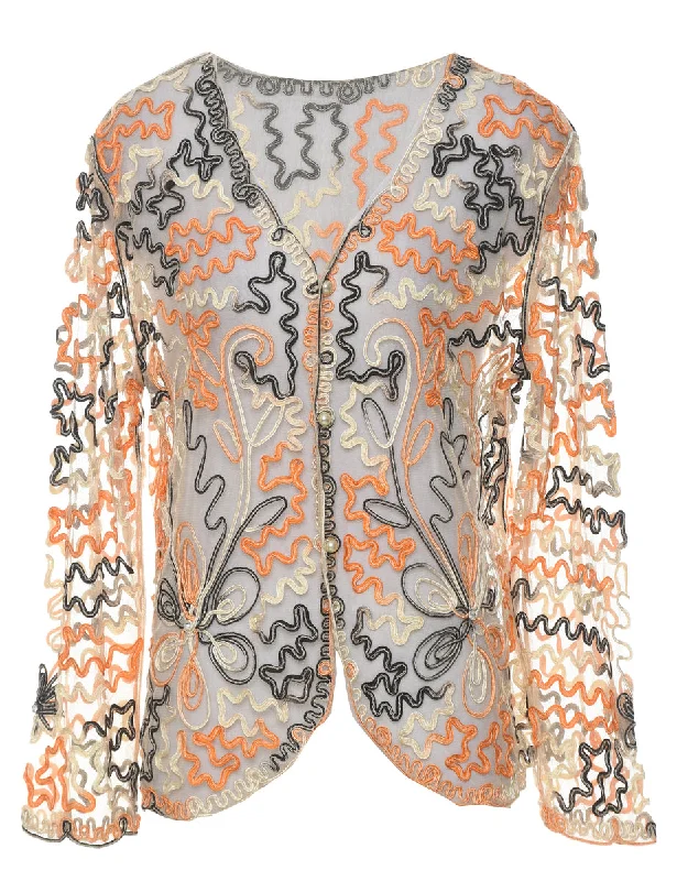 Multi-colour Embroidered Sheer Jacket - L Zip Front Button Front Snap Front