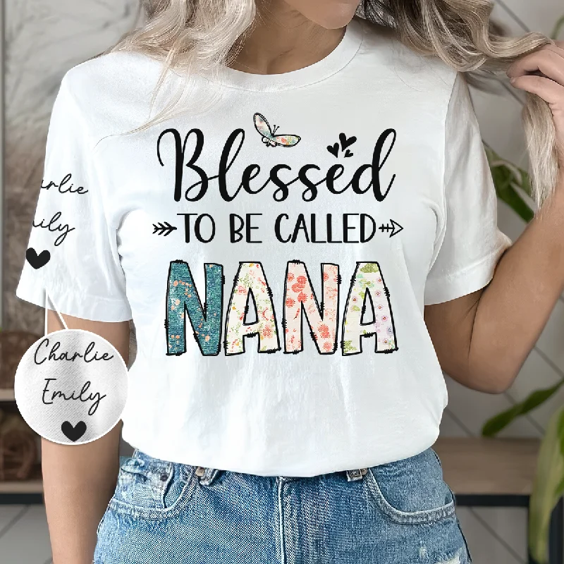 Blessed To Be Called Mama - Family Personalized Custom Unisex T-Shirt With Design On Sleeve - Mother's Day, Gift For Mom, Grandma