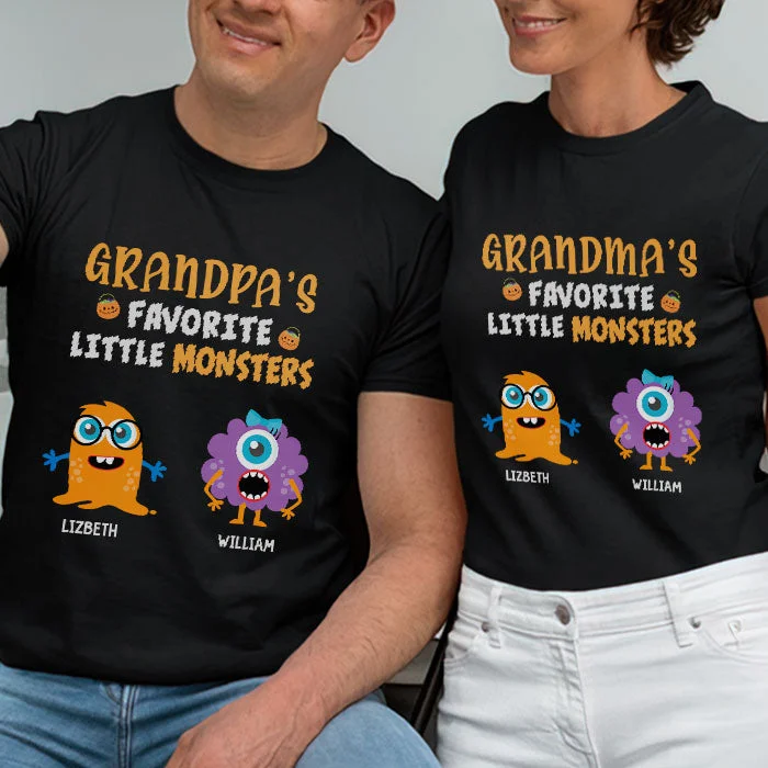 Grandma Grandpa's Favorite Little Monsters - Personalized Matching Couple T-Shirt - Gift For Couple, Husband Wife, Grandparents, Halloween Gift