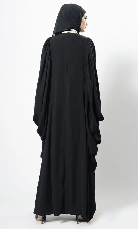 Contrast Lace Work Cowl Sleeves Abaya Dress And Hijab Set