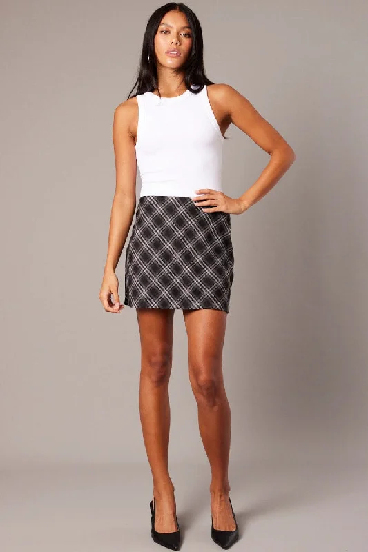 Black Check Mini Skirt High Rise