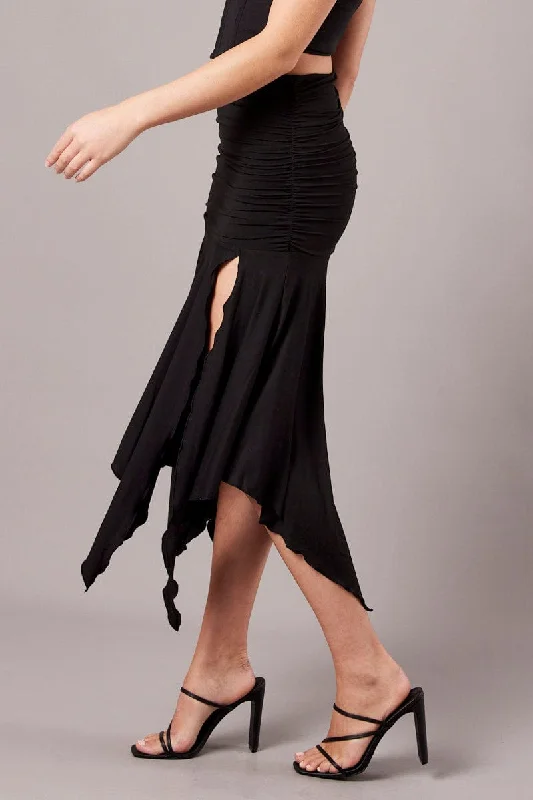 Black Handkerchief Midi Asymmetric Skirt