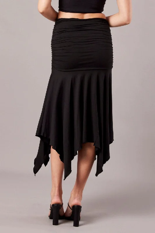 Black Handkerchief Midi Asymmetric Skirt