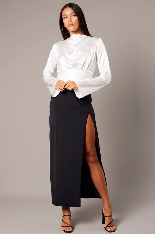 Black Maxi Skirt Mid Rise Split Nylon