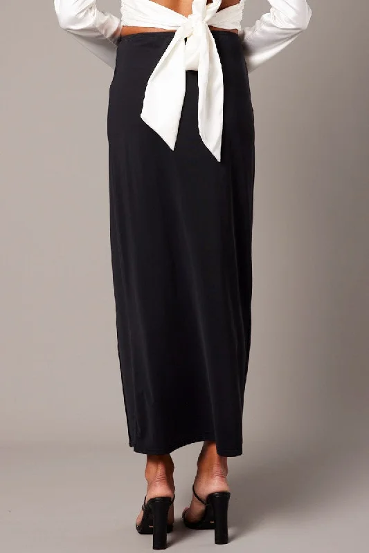 Black Maxi Skirt Mid Rise Split Nylon