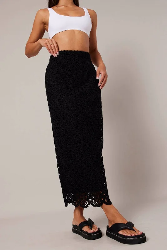 Black Midi Skirt High Rise Lace