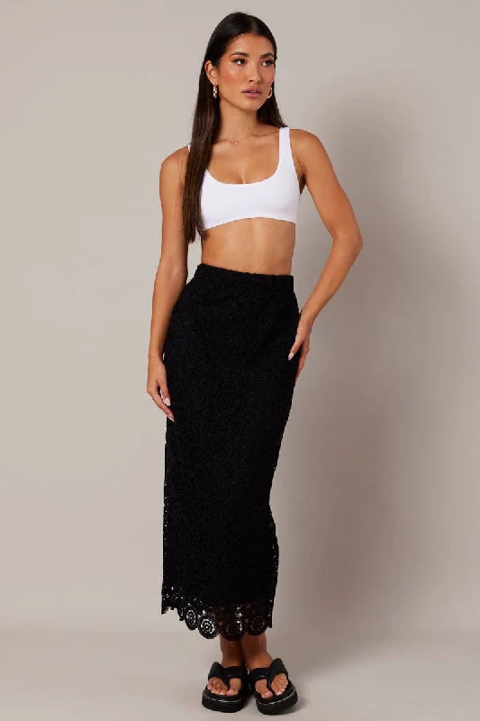 Black Midi Skirt High Rise Lace