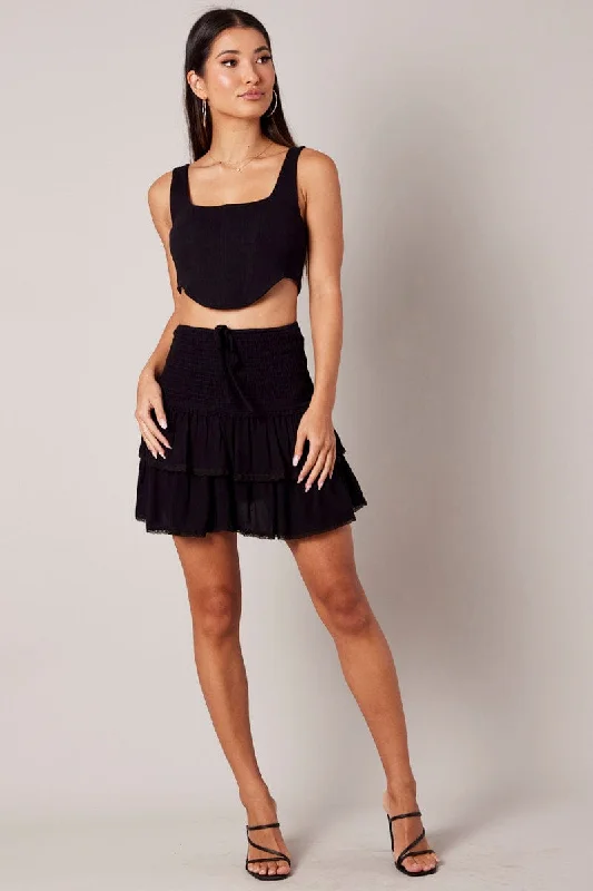 Black Skater Skirt Smocking Waist Mini