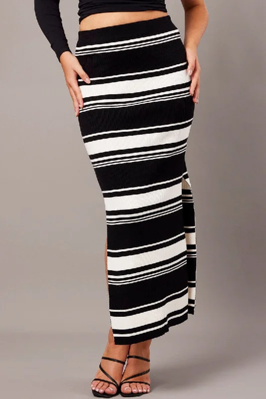 Black Stripe Knit Skirt High Rise