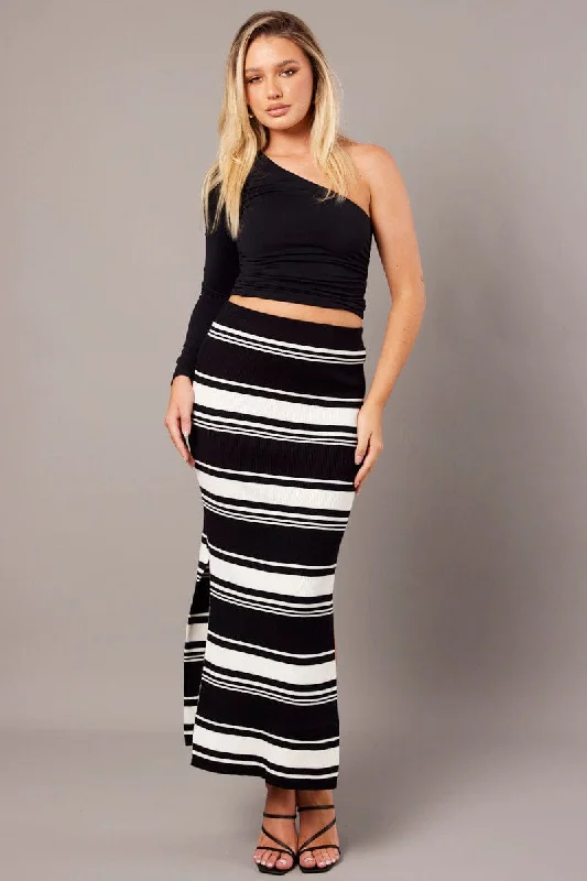 Black Stripe Knit Skirt High Rise