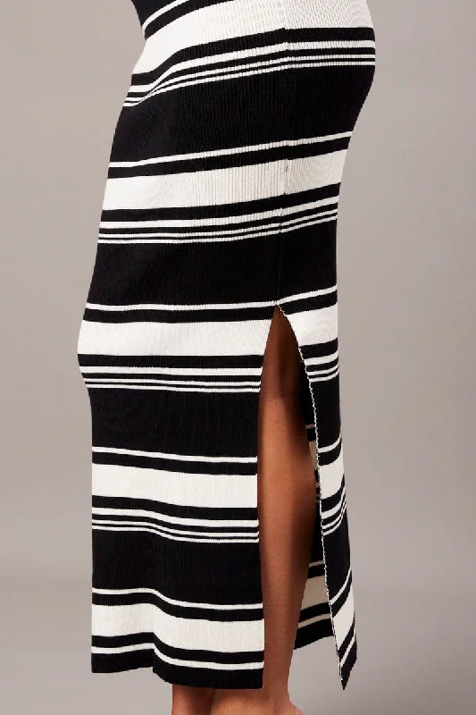 Black Stripe Knit Skirt High Rise