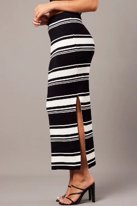 Black Stripe Knit Skirt High Rise