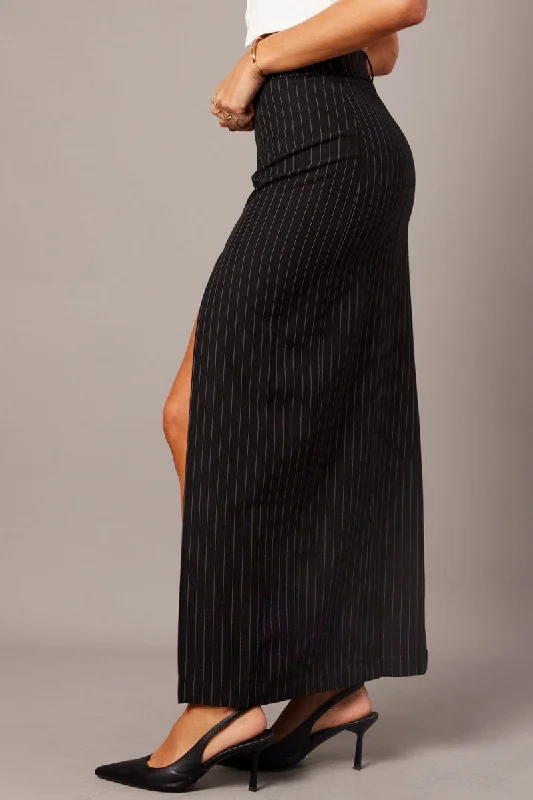 Black Stripe Midi Skirt Tailored High Waist