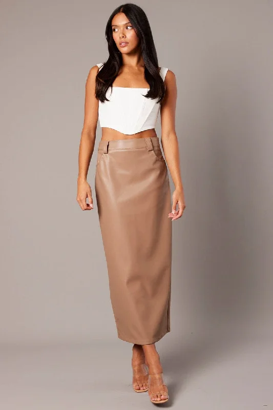 Brown Midi Skirt Faux Leather