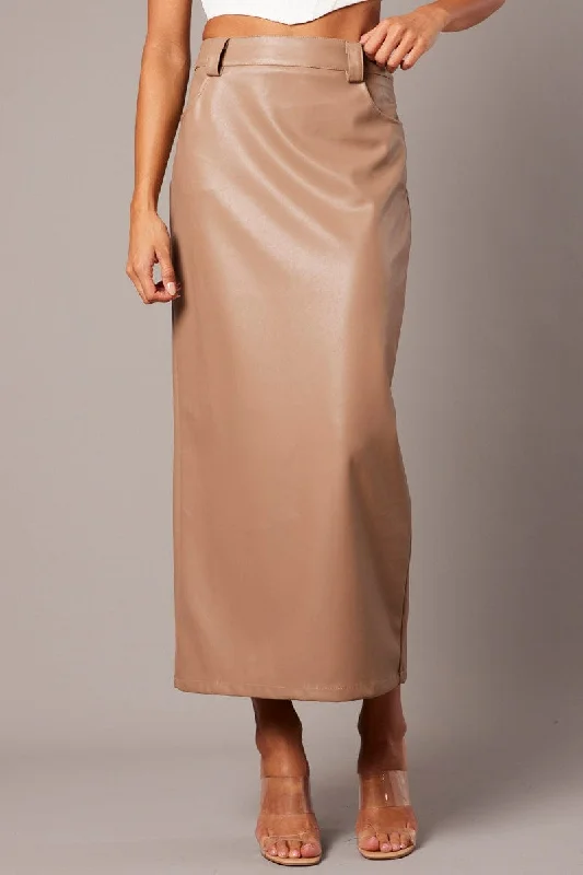 Brown Midi Skirt Faux Leather