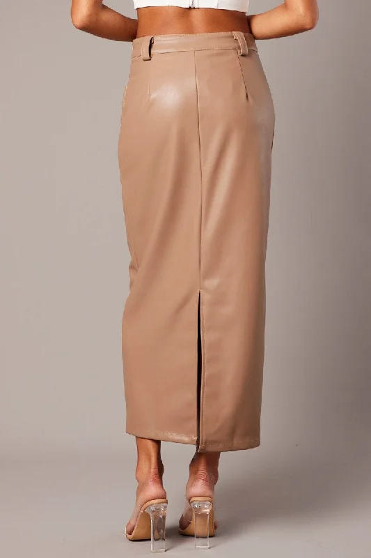 Brown Midi Skirt Faux Leather