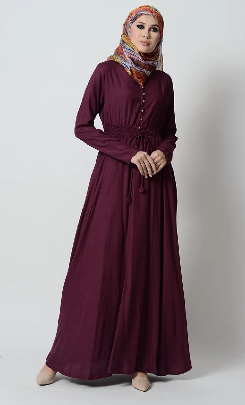 Smocking waistline and loop buttons detail casual abaya dress