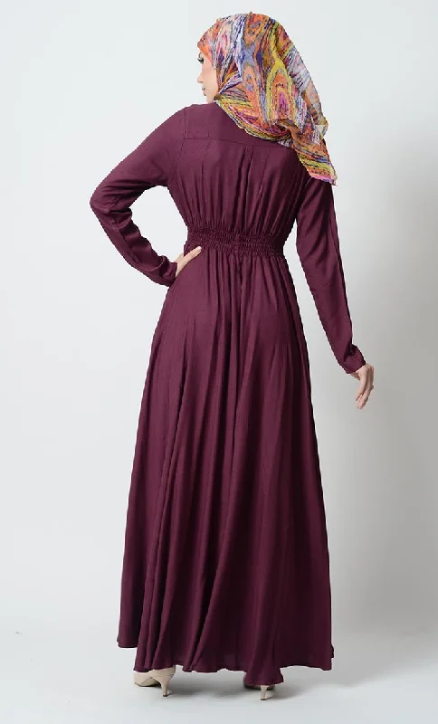 Smocking waistline and loop buttons detail casual abaya dress