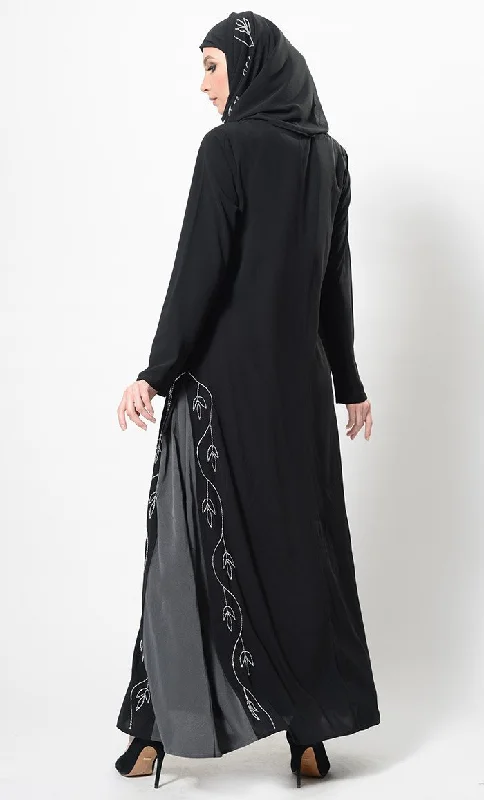 Floral Embroidered Two Tone Abaya Dress And Hijab Set