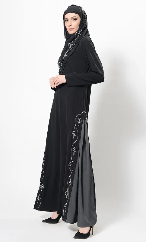 Floral Embroidered Two Tone Abaya Dress And Hijab Set