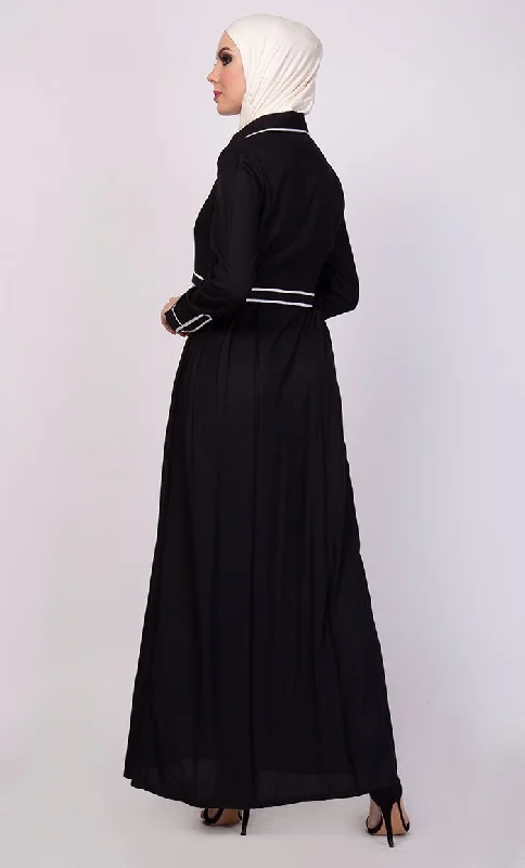 Contrast Trims Detail Shirt Style Long Abaya Dress