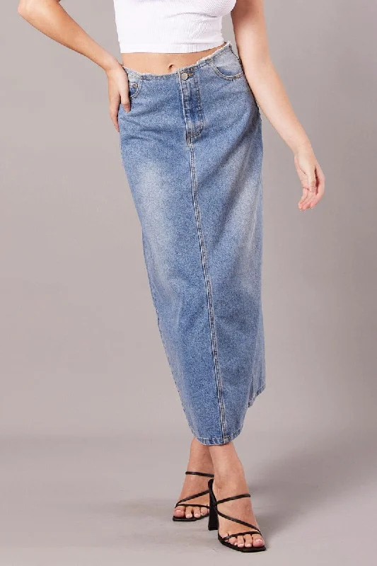 Denim Maxi Skirt High Rise A-line Raw Edge Denim