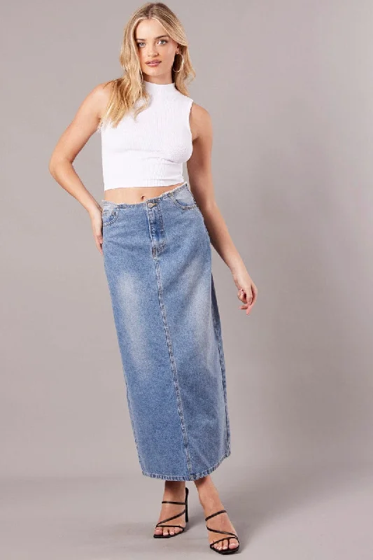 Denim Maxi Skirt High Rise A-line Raw Edge Denim