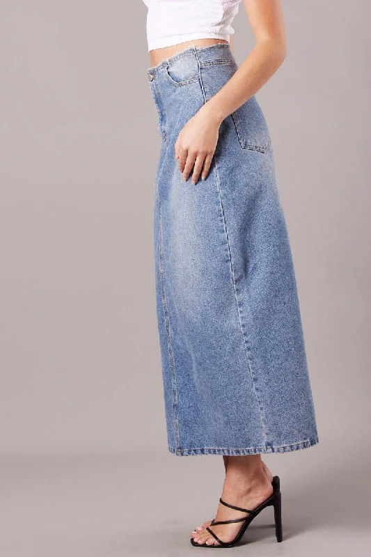 Denim Maxi Skirt High Rise A-line Raw Edge Denim