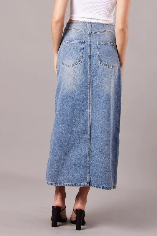 Denim Maxi Skirt High Rise A-line Raw Edge Denim