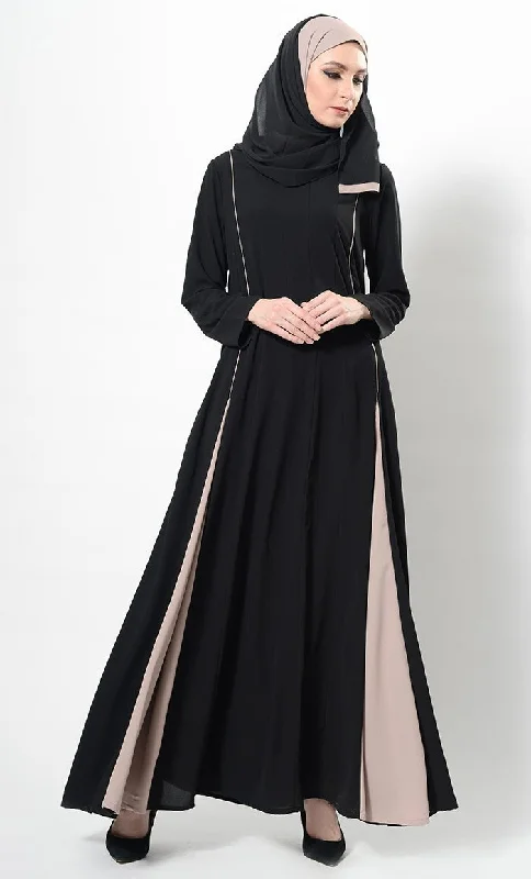 Two Tone Flared Panels Abaya Dress And Hijab Set