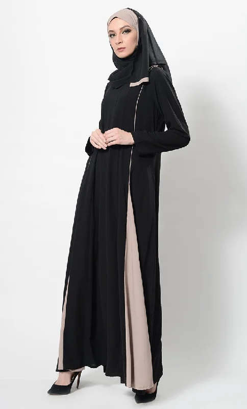 Two Tone Flared Panels Abaya Dress And Hijab Set