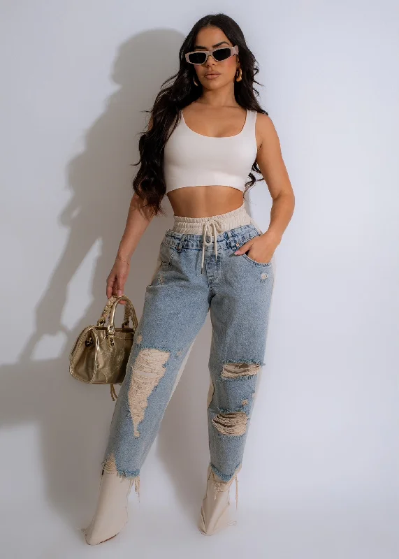 Edgy Girl Distressed Denim Jogger Nude