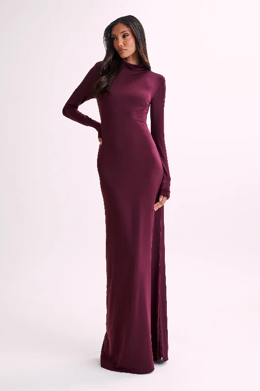 Elani Slinky High Neck Maxi Dress - Burgundy