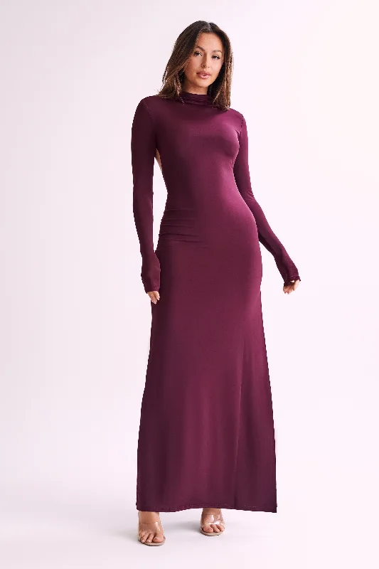 Elani Slinky High Neck Maxi Dress - Burgundy