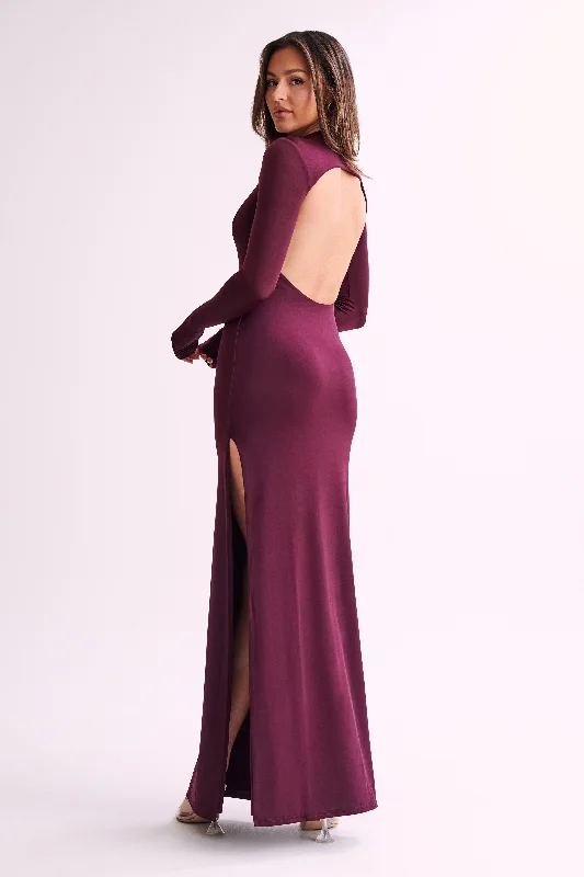 Elani Slinky High Neck Maxi Dress - Burgundy