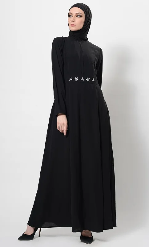 Crystal Embellished Motifs Flared Abaya Dress And Hijab Set