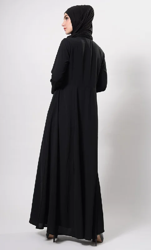 Metallic Zipper Detail Flared Abaya Dress And Hijab Set