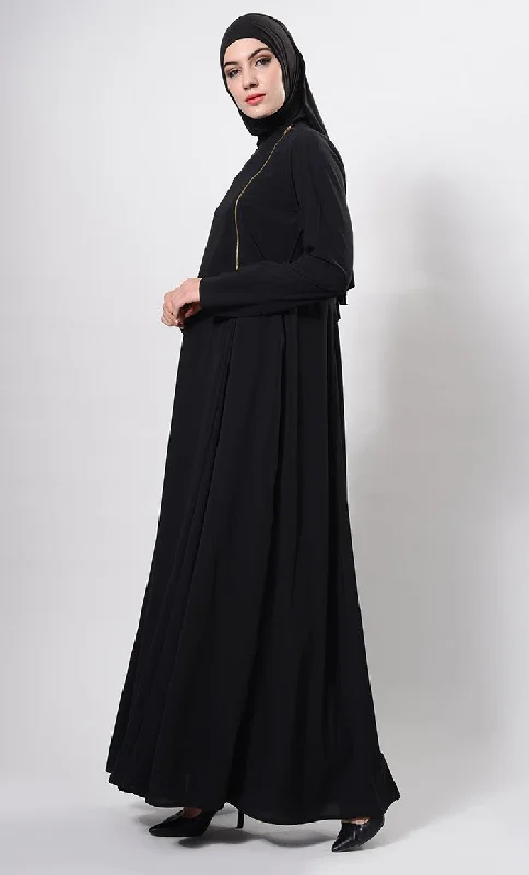 Metallic Zipper Detail Flared Abaya Dress And Hijab Set