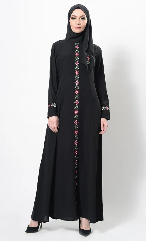 Floral Embroidered Abaya Dress And Hijab Set