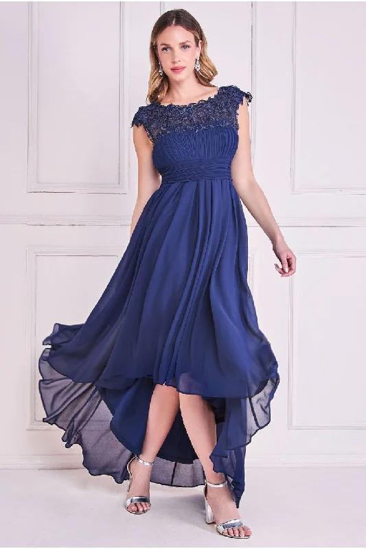 Goddiva Crochet & Pleated Top High Low Maxi - Navy