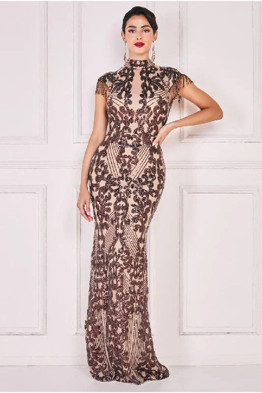 Goddiva Embroidered Sequin Beaded Cap Sleeve Maxi - Brown