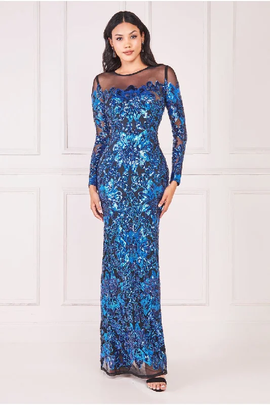 Goddiva Floral Sequin Mesh Maxi - Navy